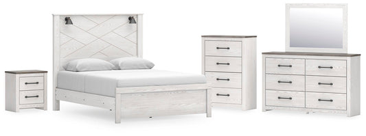 Cama Gerridan tamaño Queen con cabecero, tocador con espejo, cómoda y mesita de noche