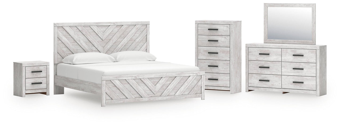 Cama Cayboni tamaño King con cabecero, tocador con espejo, cómoda y mesita de noche