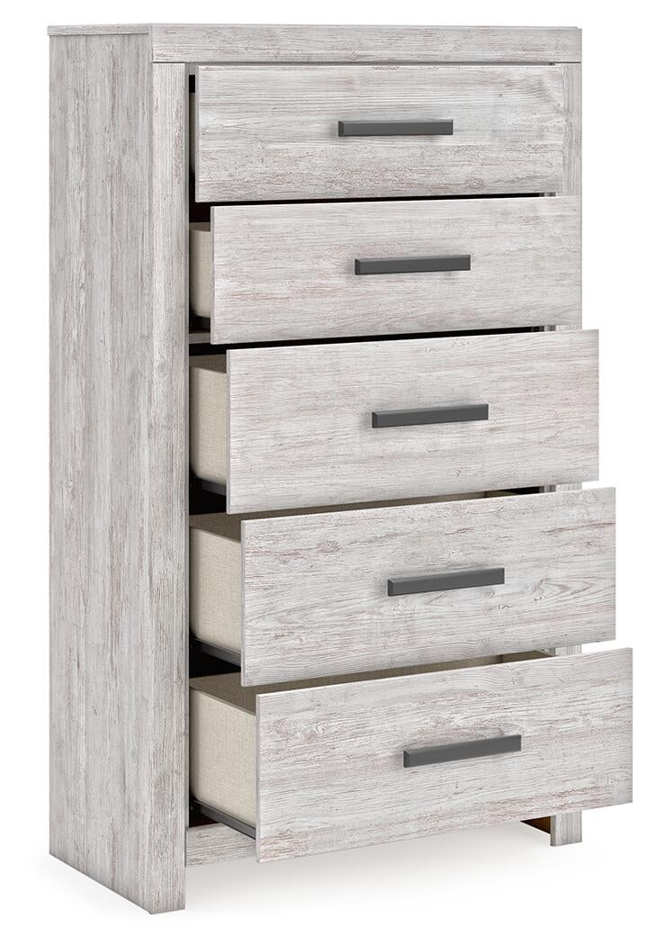 Cama Cayboni tamaño King con cabecero, tocador con espejo, cómoda y mesita de noche