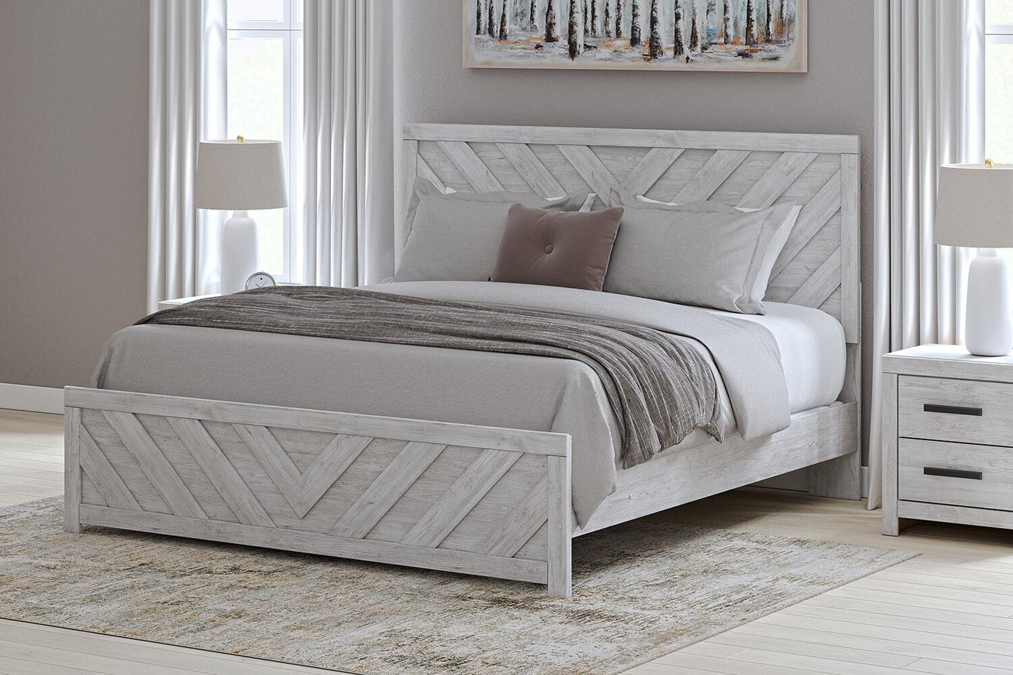 Cama Cayboni tamaño King con cabecero, tocador con espejo, cómoda y mesita de noche