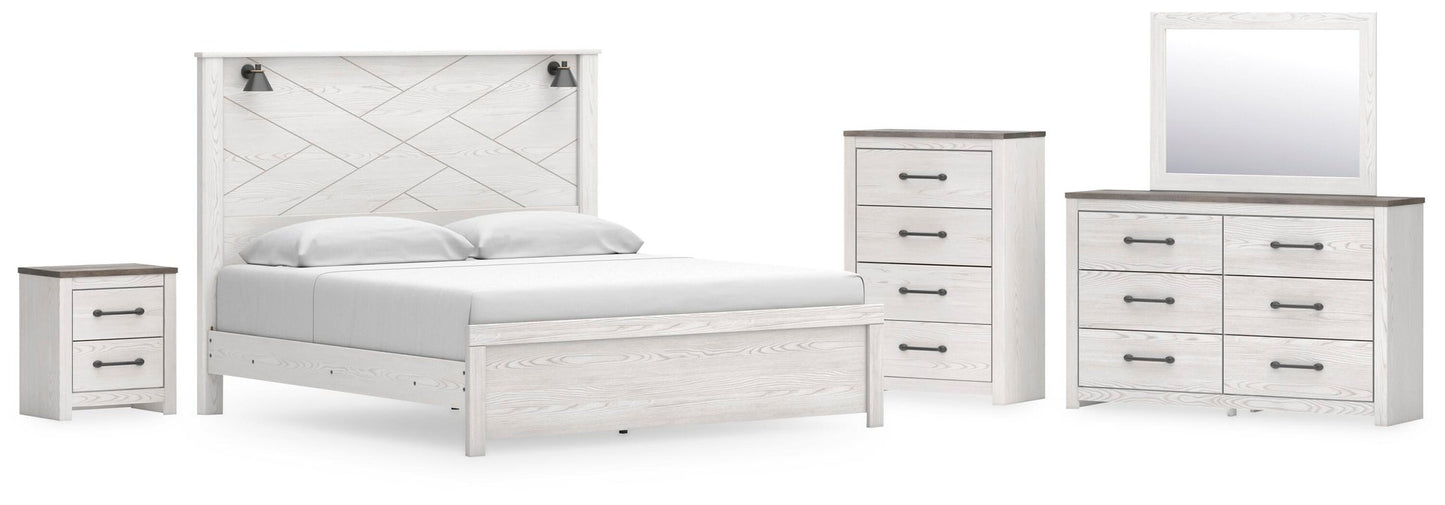 Cama Gerridan tamaño King con cabecero, tocador con espejo, cómoda y mesita de noche