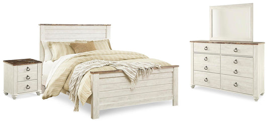 Cama Willowton tamaño Queen con cabecero, tocador con espejo y mesita de noche
