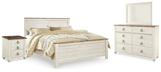 Cama Willowton tamaño King con cabecero, tocador con espejo y mesita de noche
