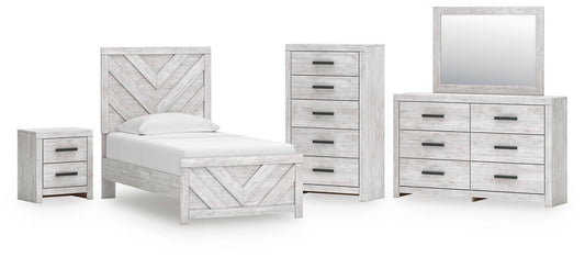 Cama individual Cayboni con tocador con espejo, cómoda y mesita de noche