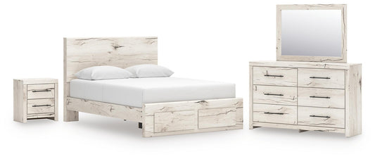 Cama Lawroy Queen con cabecero, tocador con espejo y mesita de noche, con almacenamiento y cómoda.