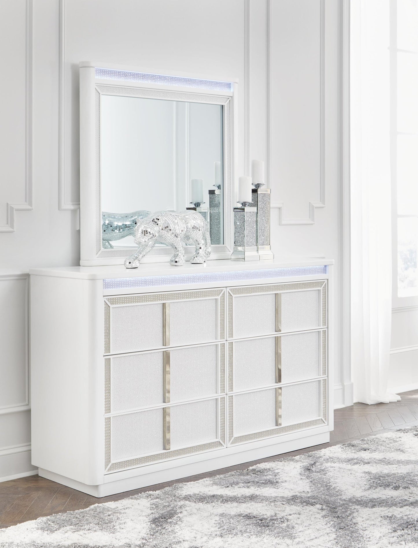Chalanna King Upholstered Storage Bed, Dresser and Mirror