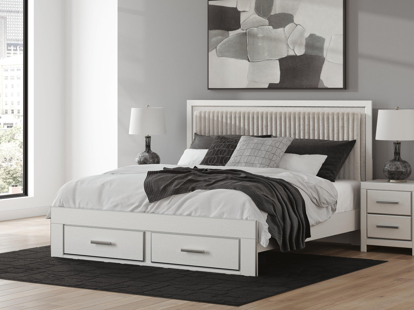 Zuraleus King Upholstered Panel Platform Storage Bed, Dresser, Mirror and Nightstand