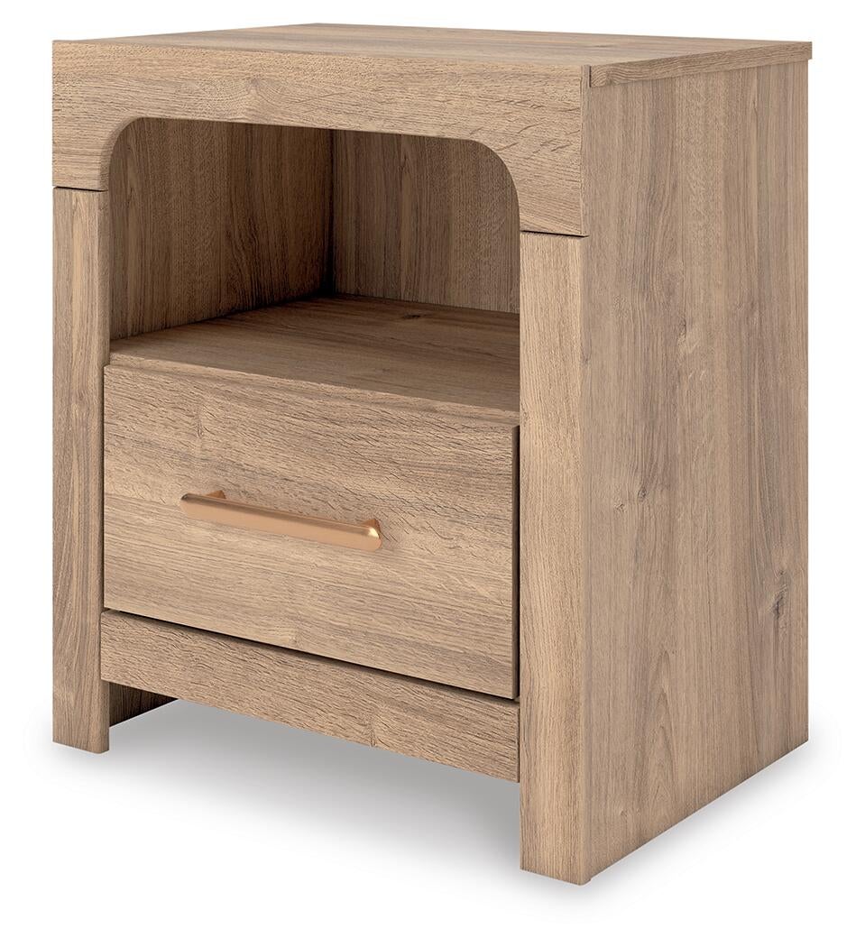Kinlanni Queen Upholstered Panel Bed, Dresser, Mirror and Nightstand