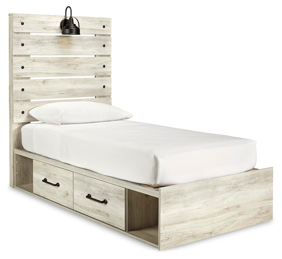 Cama doble Cambeck con cuatro cajones, tocador con espejo, cómoda y mesita de noche.