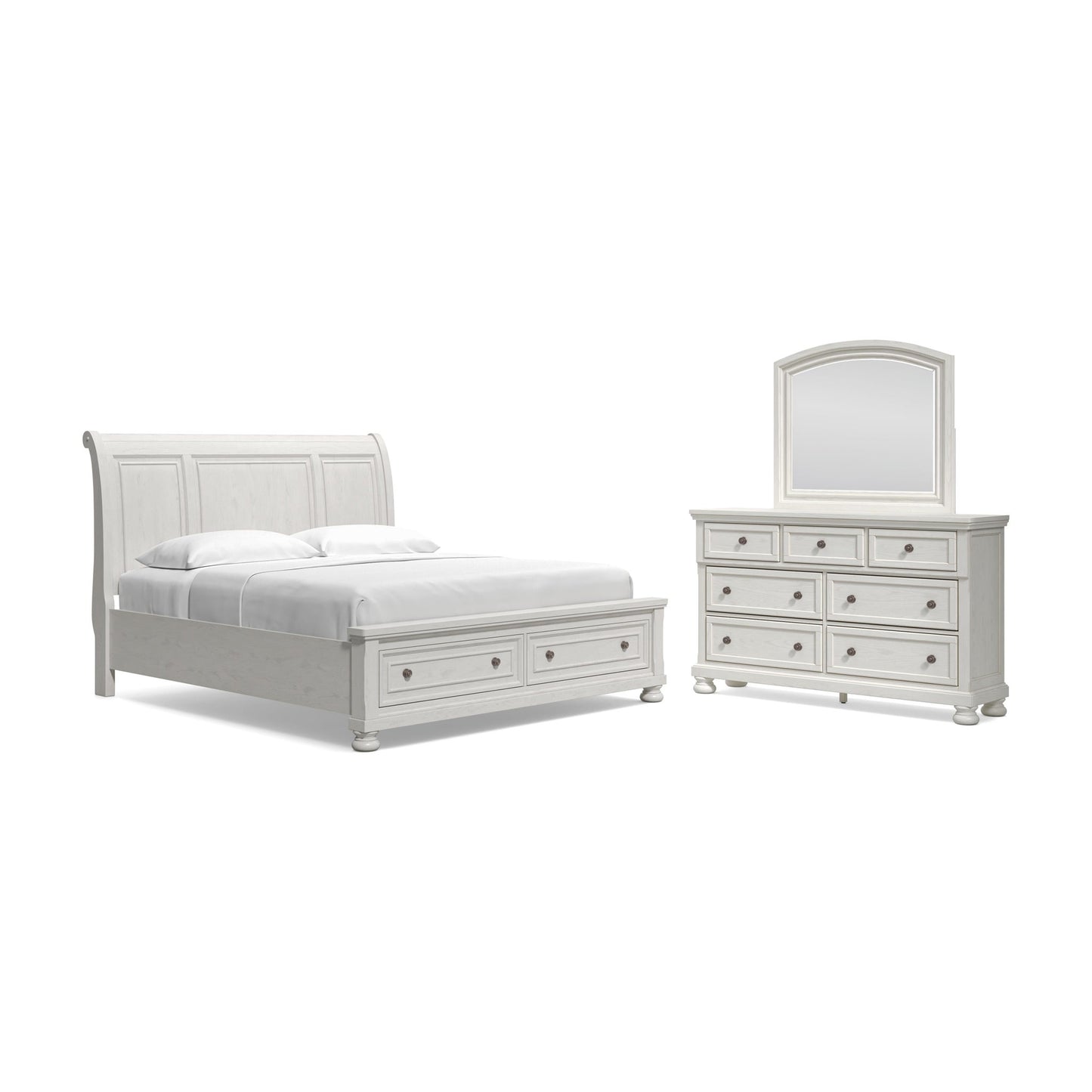Cama de trineo Robbinsdale California King con almacenamiento y tocador con espejo