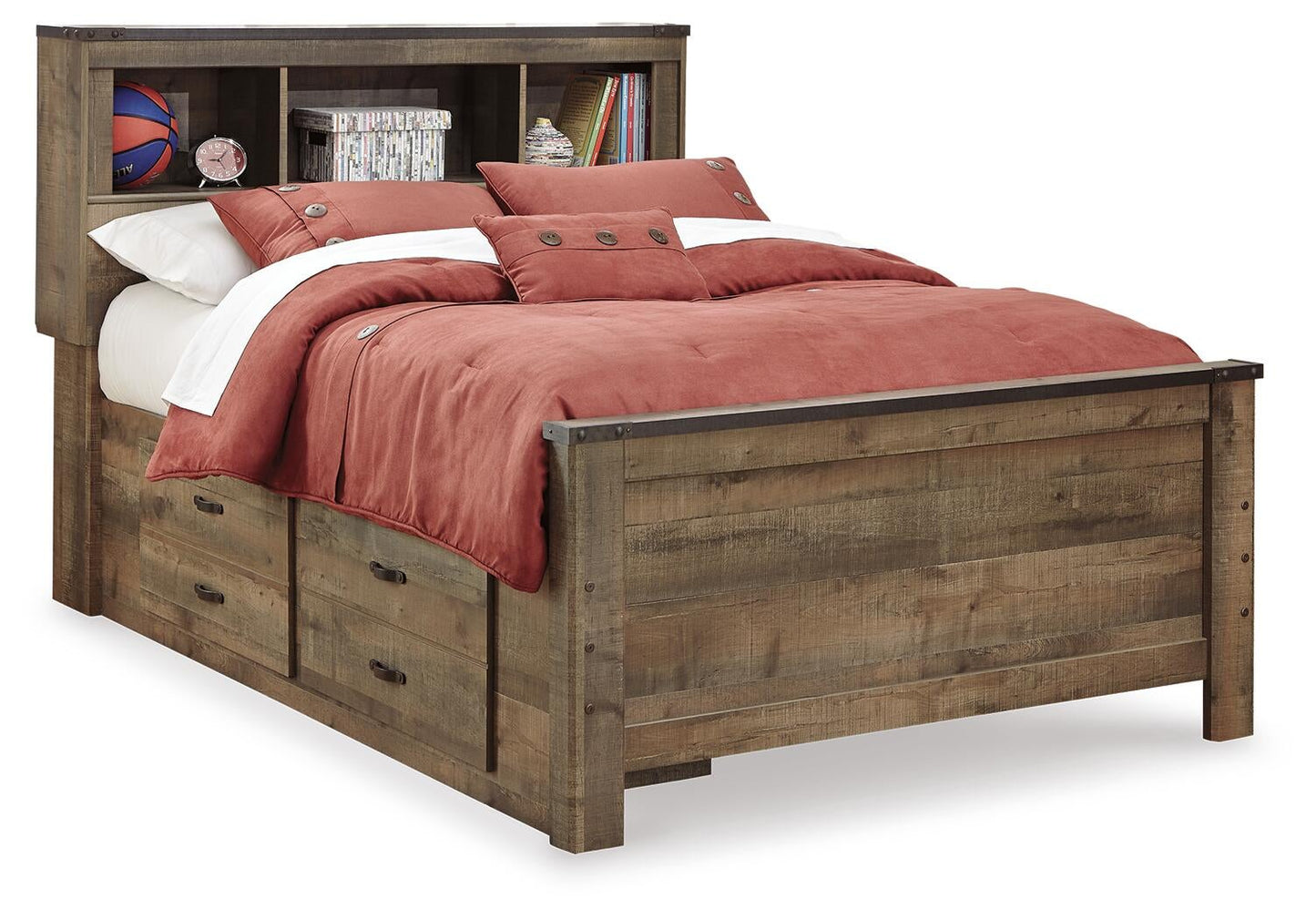Cama-librería Trinell de tamaño completo con almacenamiento a dos lados