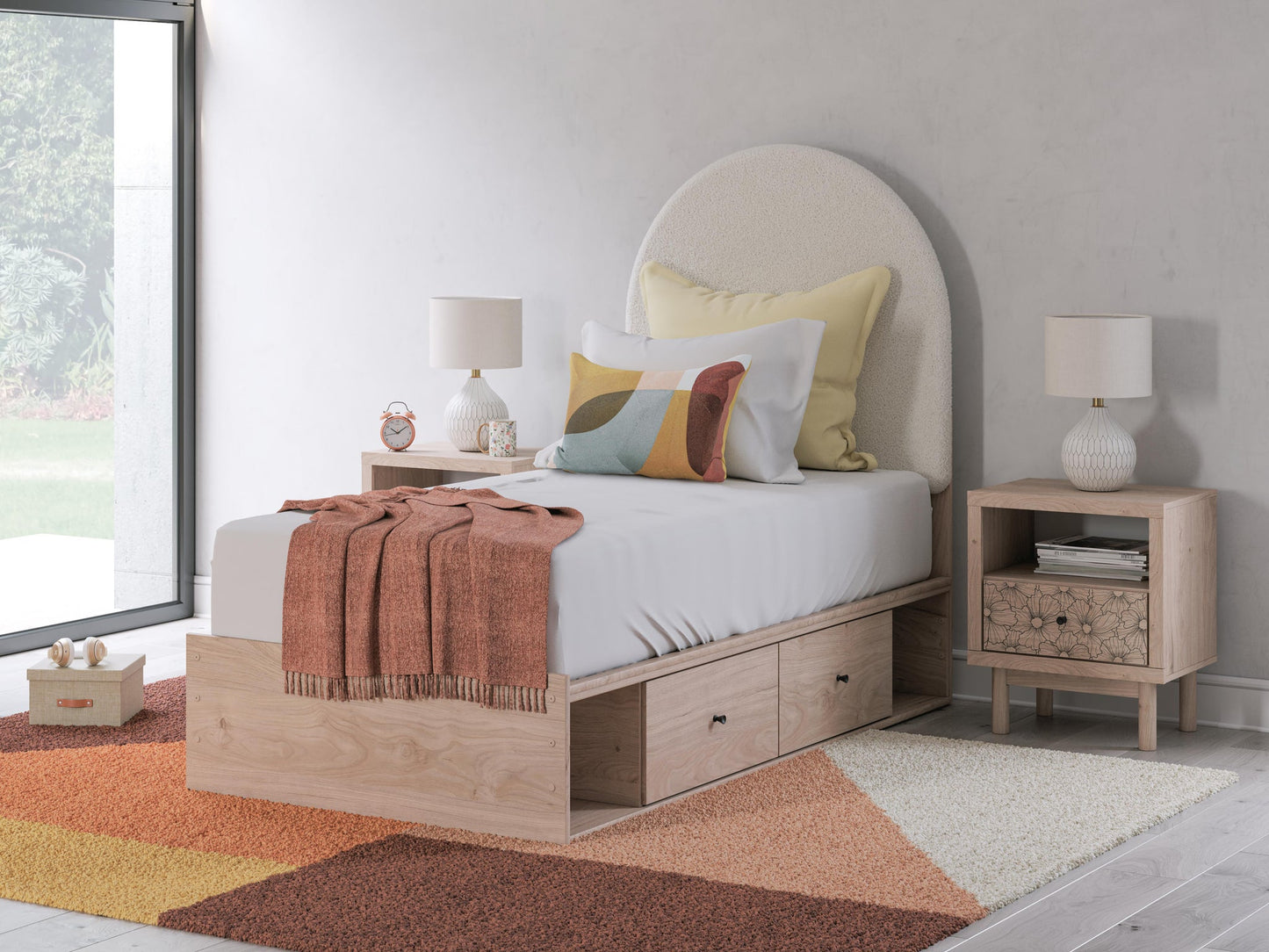 Cama individual tapizada Arloster con almacenamiento