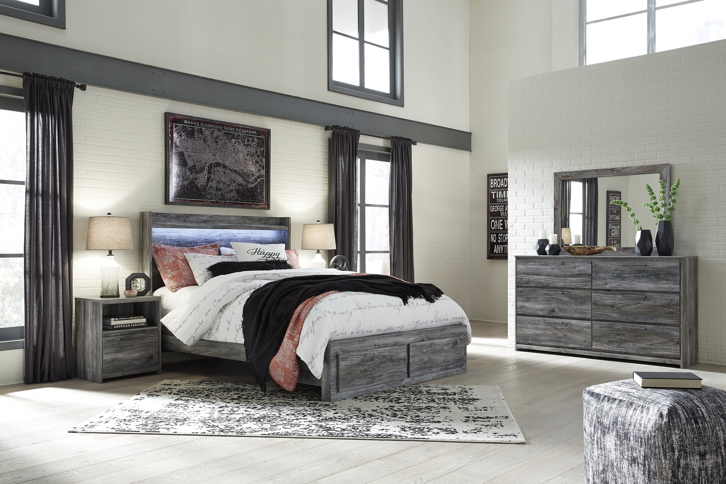 Baystorm Queen Panel Bed with 2 Storage Drawers with Mirrored Dresser and Nightstand