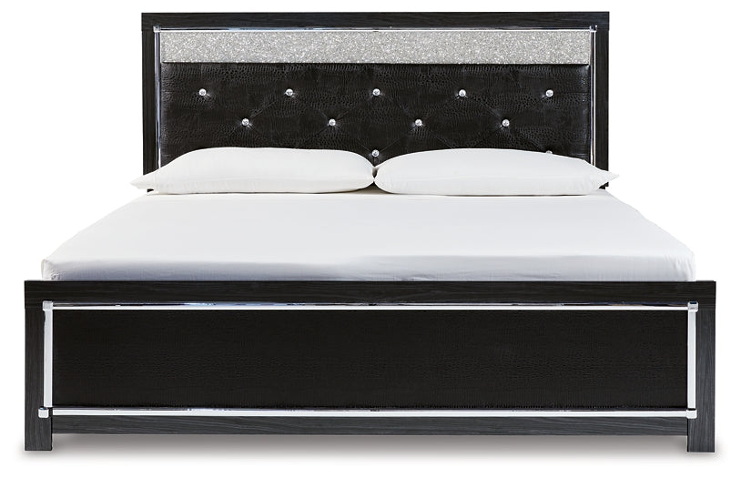Kaydell King Upholstered Panel Bed with Mirrored Dresser and Chest